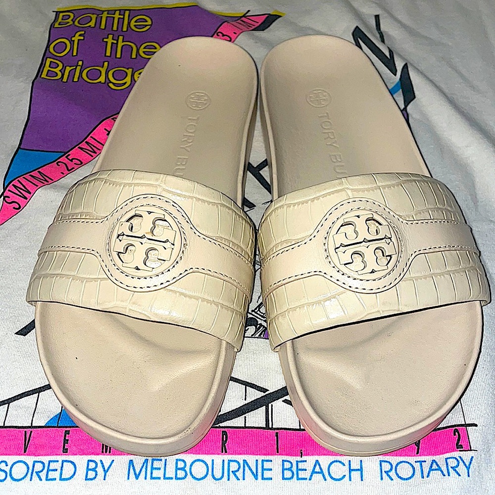 NEW Tory Burch Anatomic sandal Slide Soft Croco Embossed Calf Leather